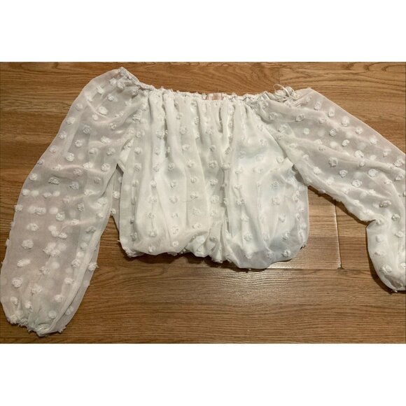 v Francesca's White Cropped Blouse Off Shoulder Top Rushed Small Audrey Parks - Picture 3 of 7